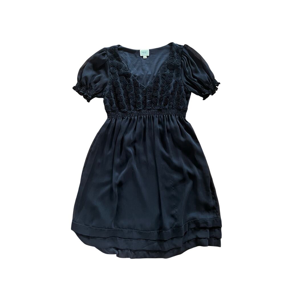 ECI New York Black Rosette V-Neck Mini Dress Cottagecore Chiffon | Size 12